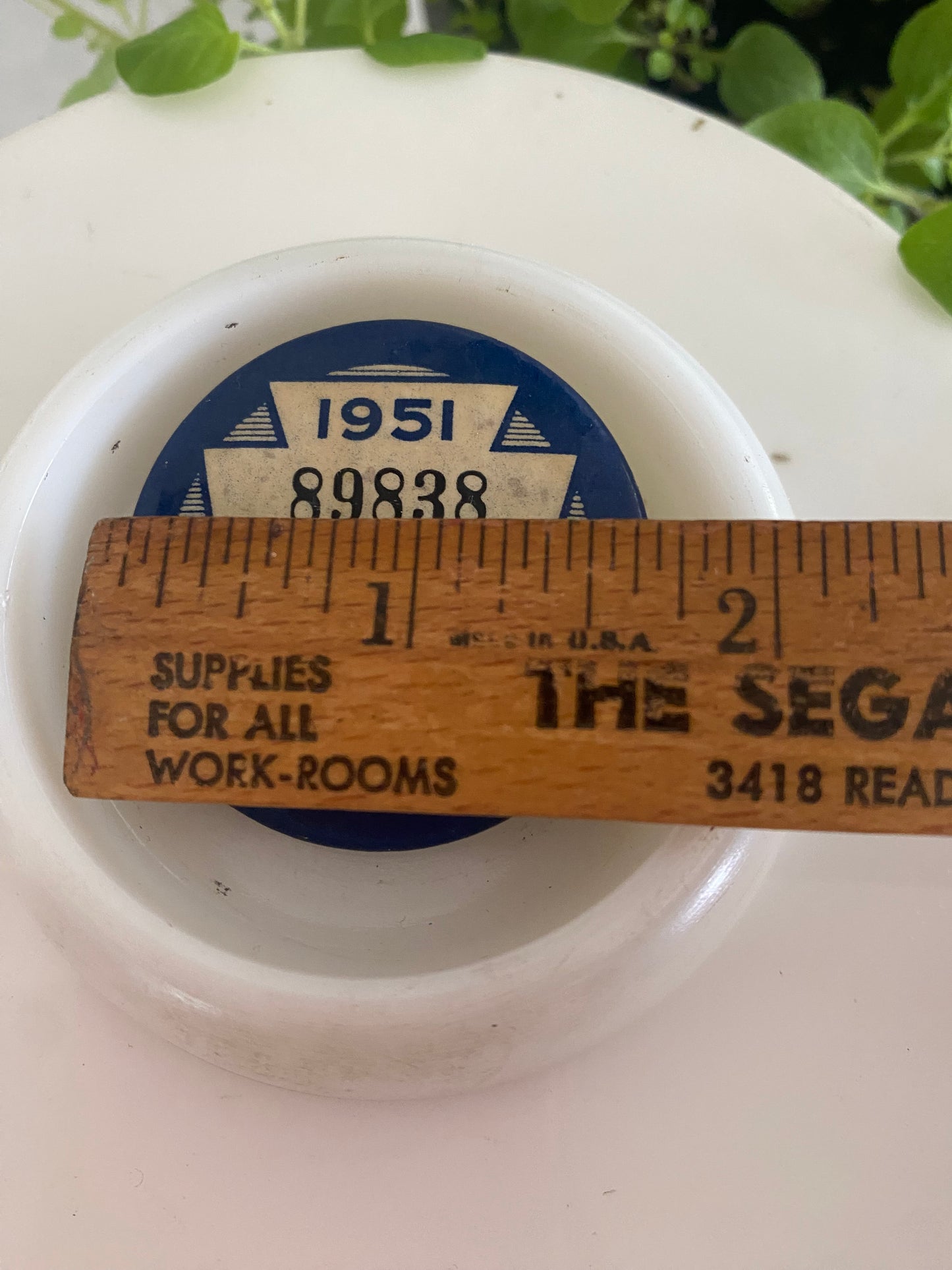 Vintage 1951 Fishing License Pin and Milk Glass Furniture Coaster