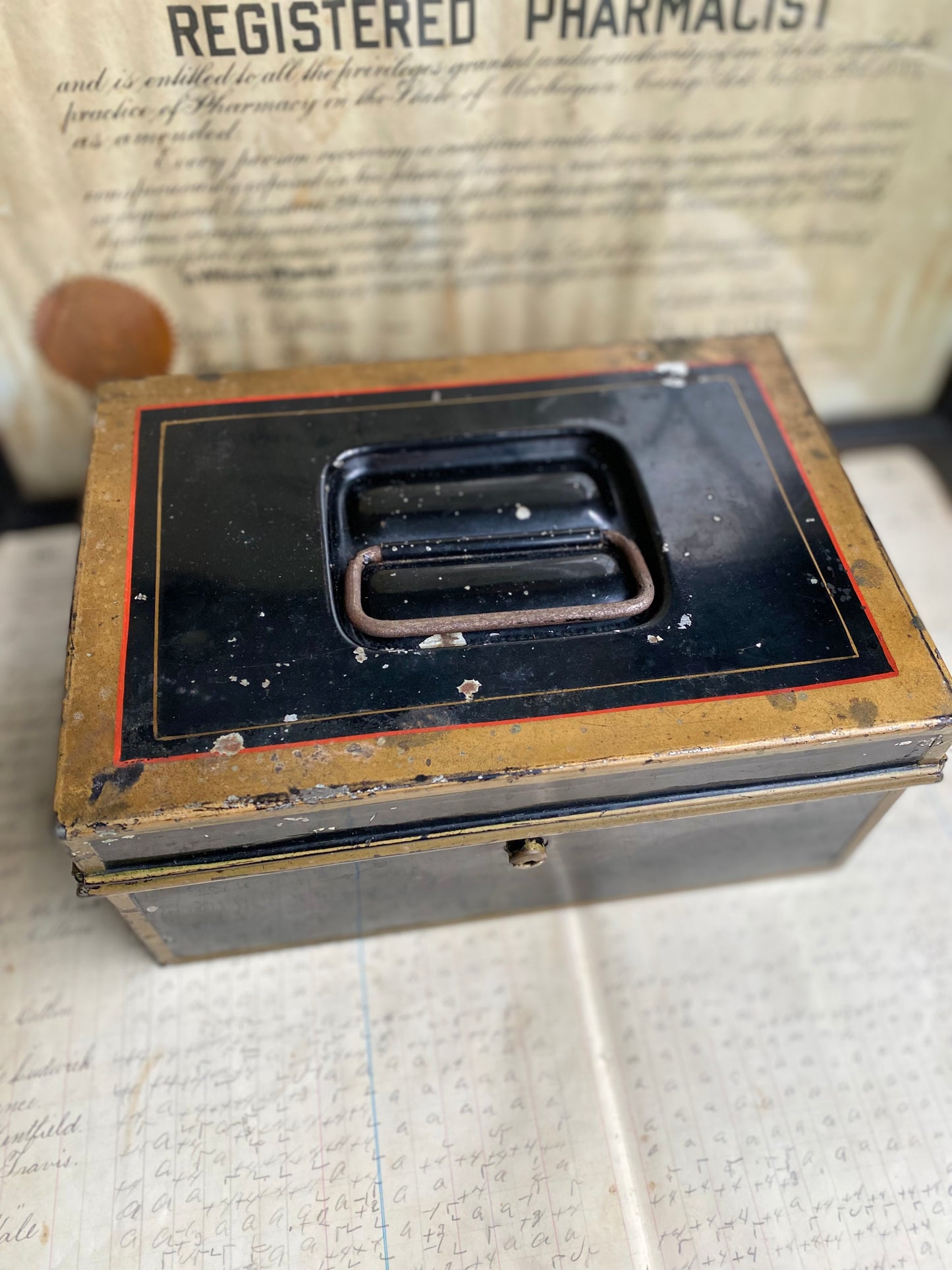 Vintage Black Metal Box With Gold Trim