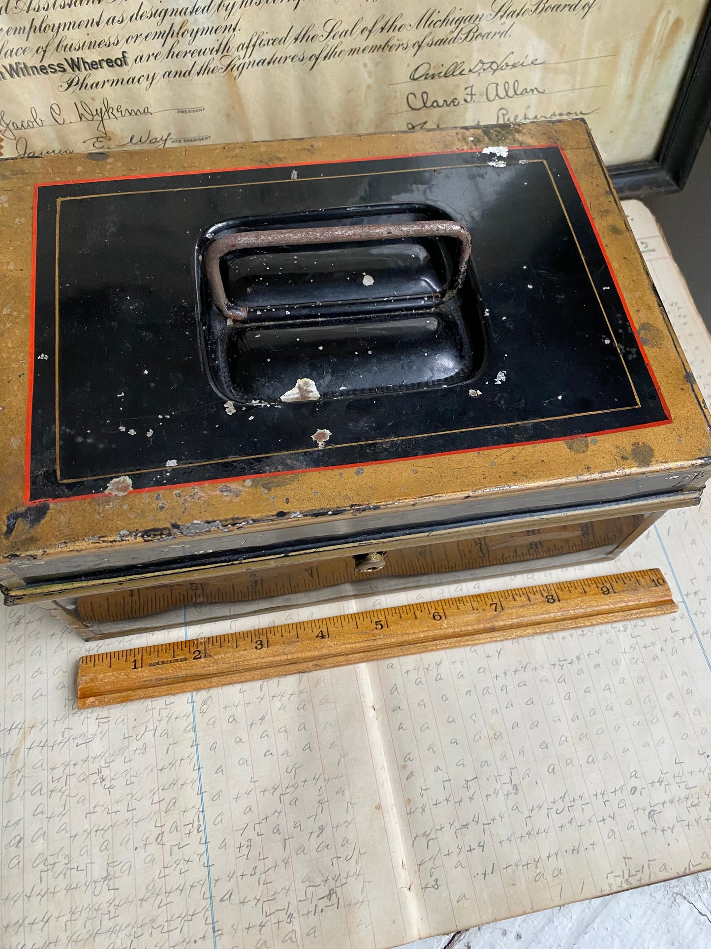 Vintage Black Metal Box With Gold Trim