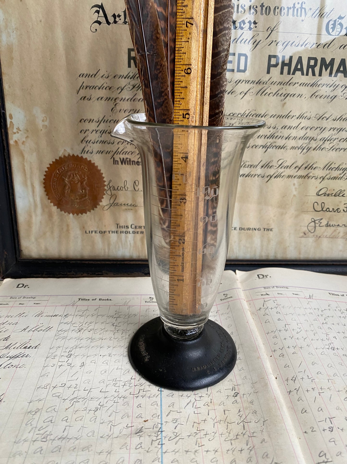 Vintage Etched Glass Graduated Glass Cylinder with Unique Base
