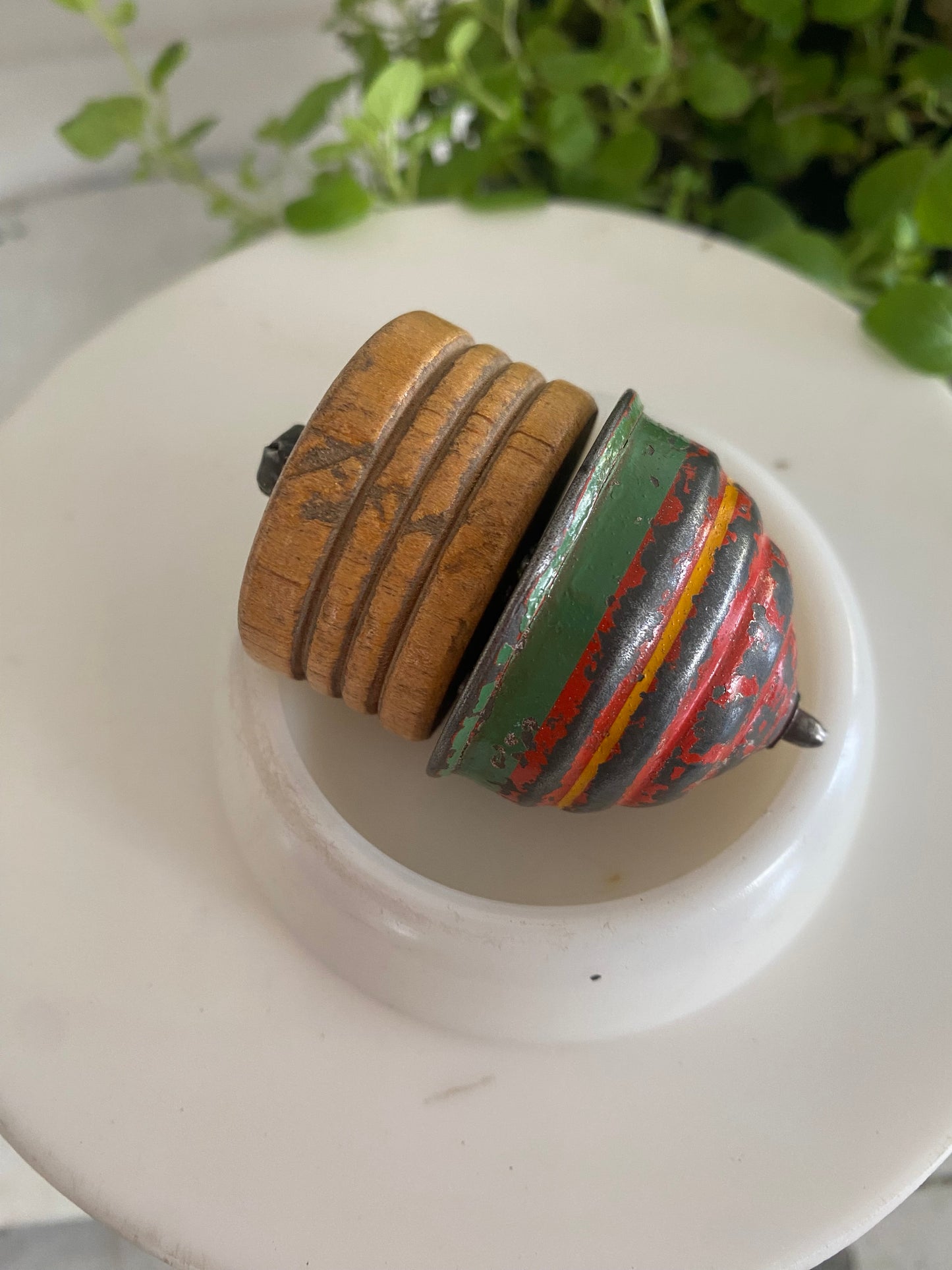 Vintage Wooden Spinning Top and Milk Glass Furniture Coaster