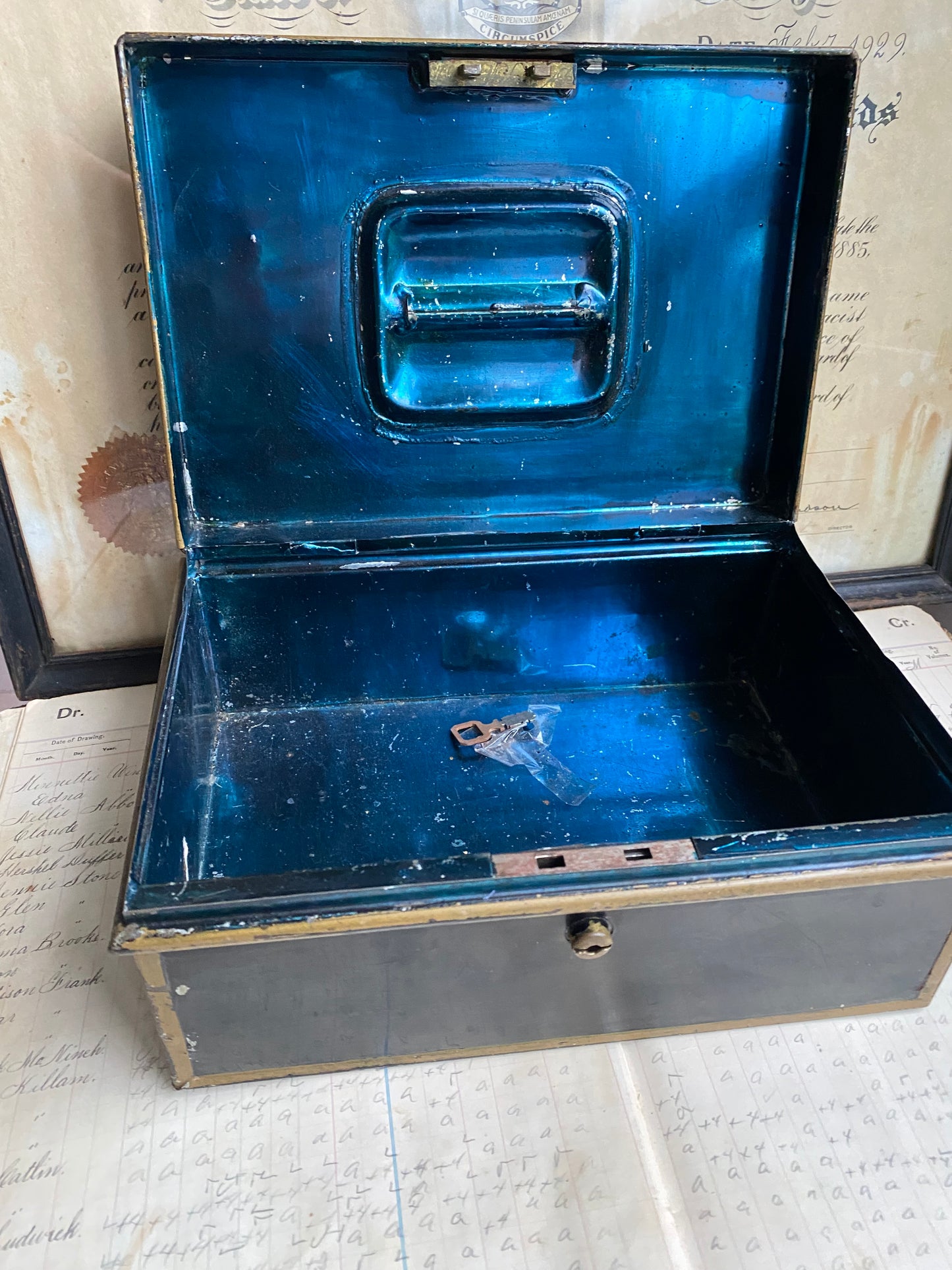 Vintage Black Metal Box With Gold Trim
