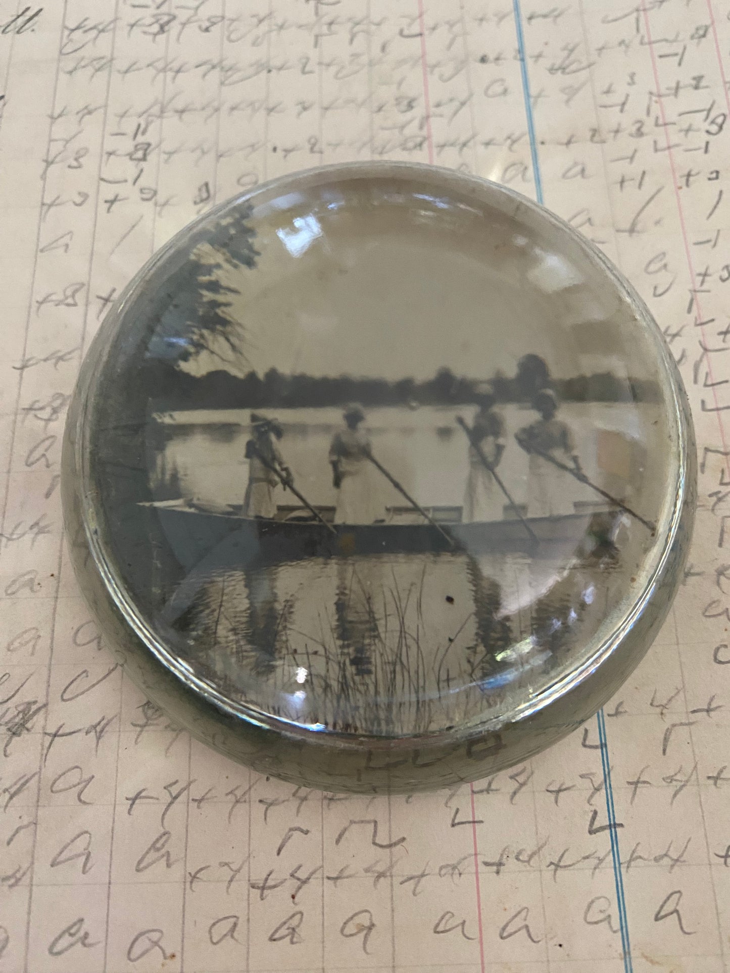 Vintage Round Paper Weight - ladies in a boat