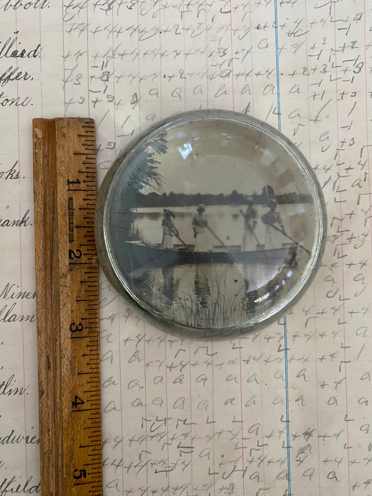 Vintage Round Paper Weight - ladies in a boat
