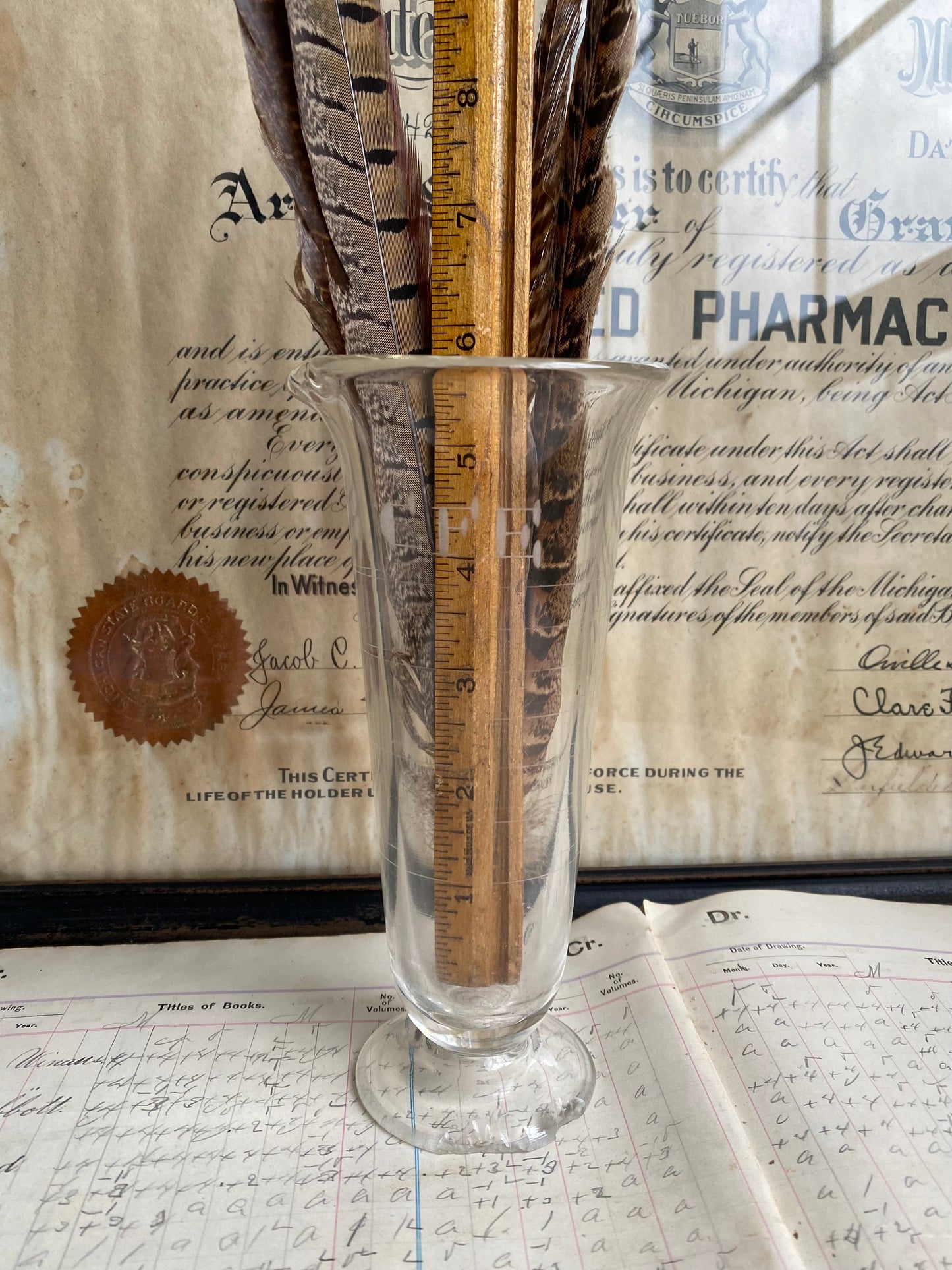 Vintage Etched Glass Graduated Cylinder With Feathers
