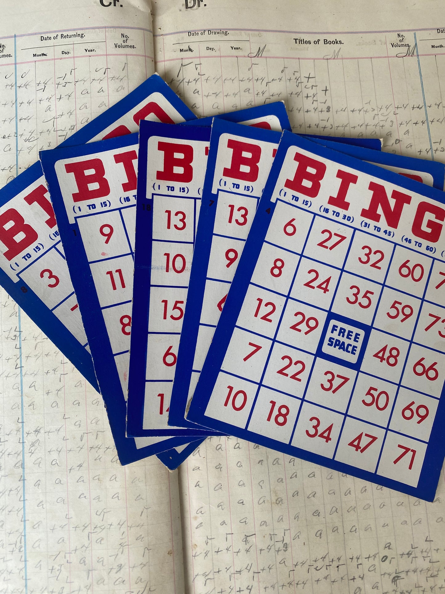 Vintage Red, White, and Blue Bingo Cards Set of 5 (3 sets available)