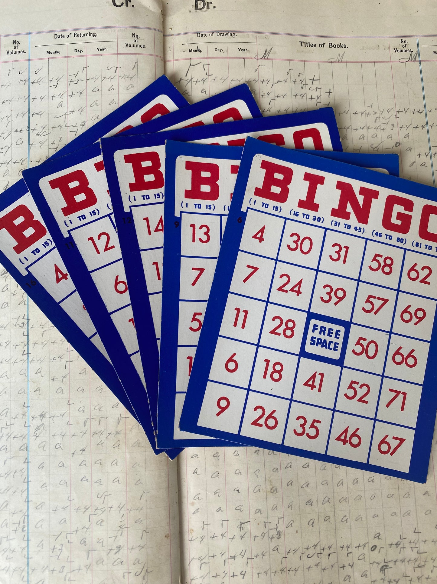 Vintage Red, White, and Blue Bingo Cards Set of 5 (3 sets available)