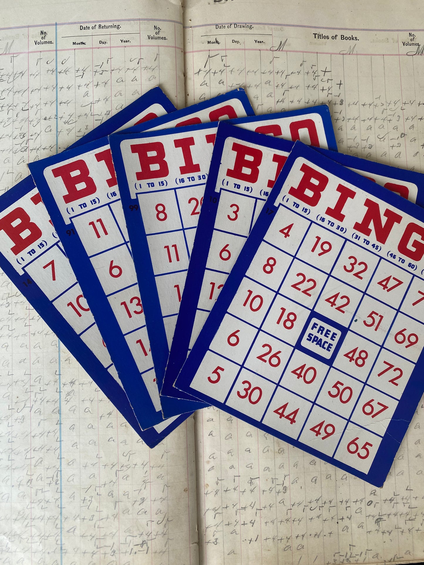 Vintage Red, White, and Blue Bingo Cards Set of 5 (3 sets available)