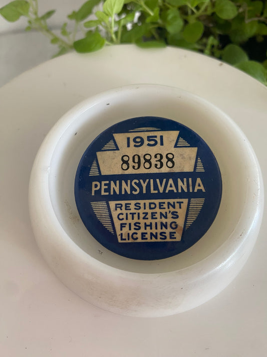 Vintage 1951 Fishing License Pin and Milk Glass Furniture Coaster