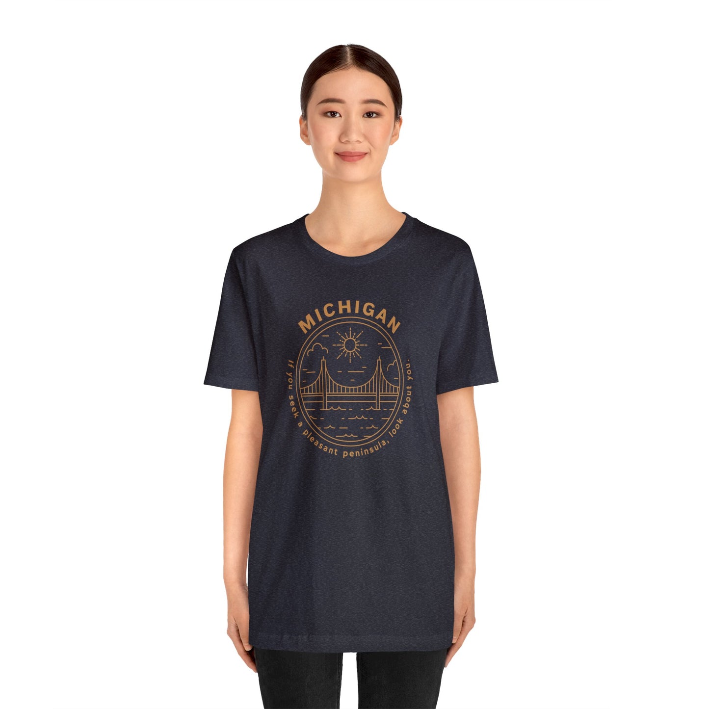 Michigan Tan on Heather Navy Blue Unisex Jersey Short Sleeve Tee