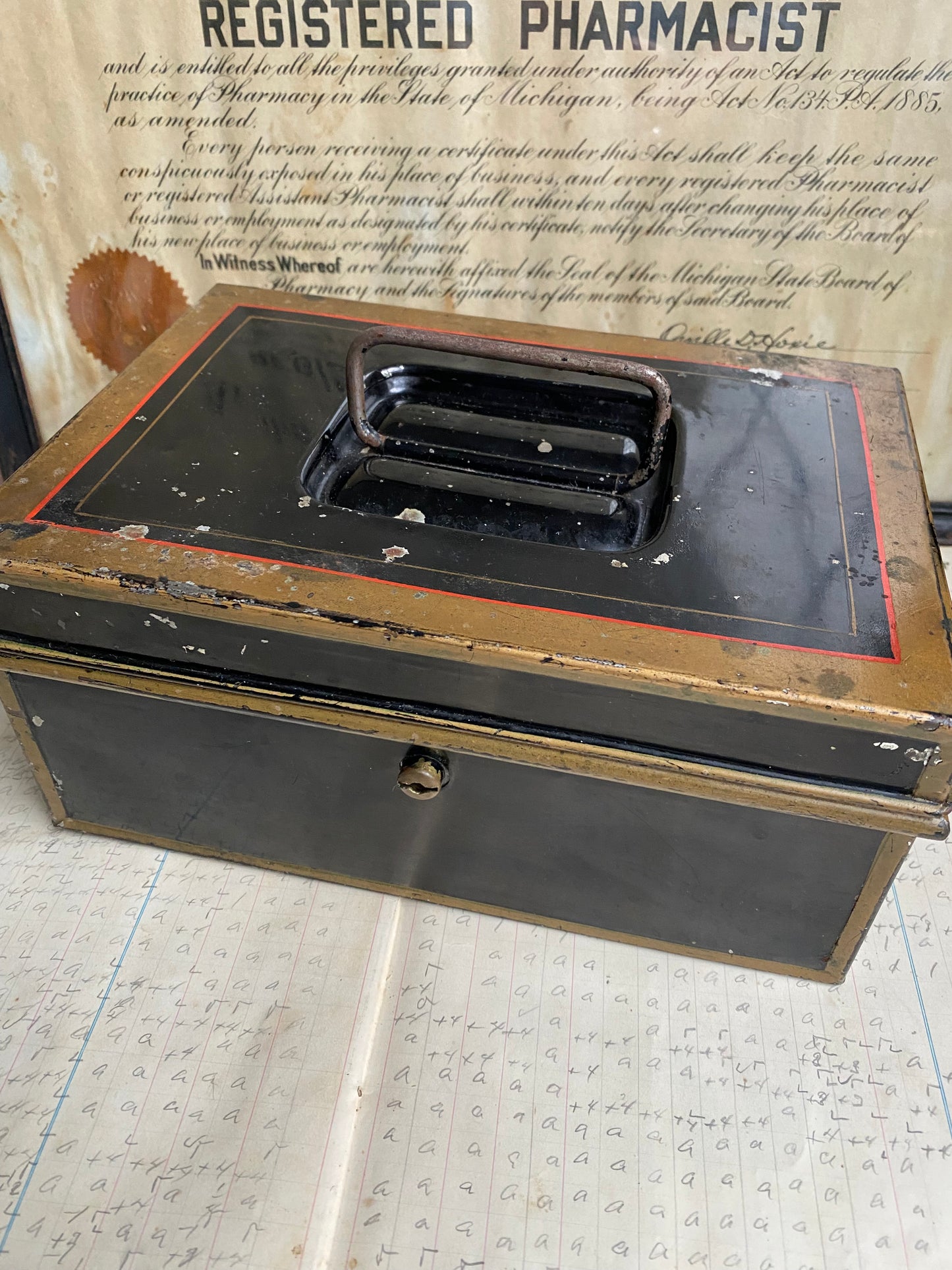 Vintage Black Metal Box With Gold Trim