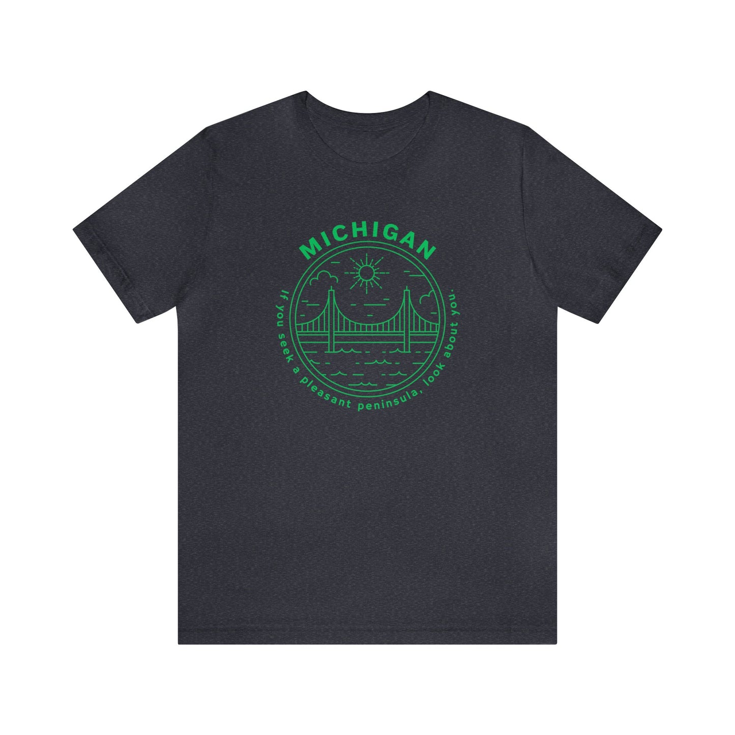 Michigan Green on Heather Navy Blue Unisex Jersey Short Sleeve Tee