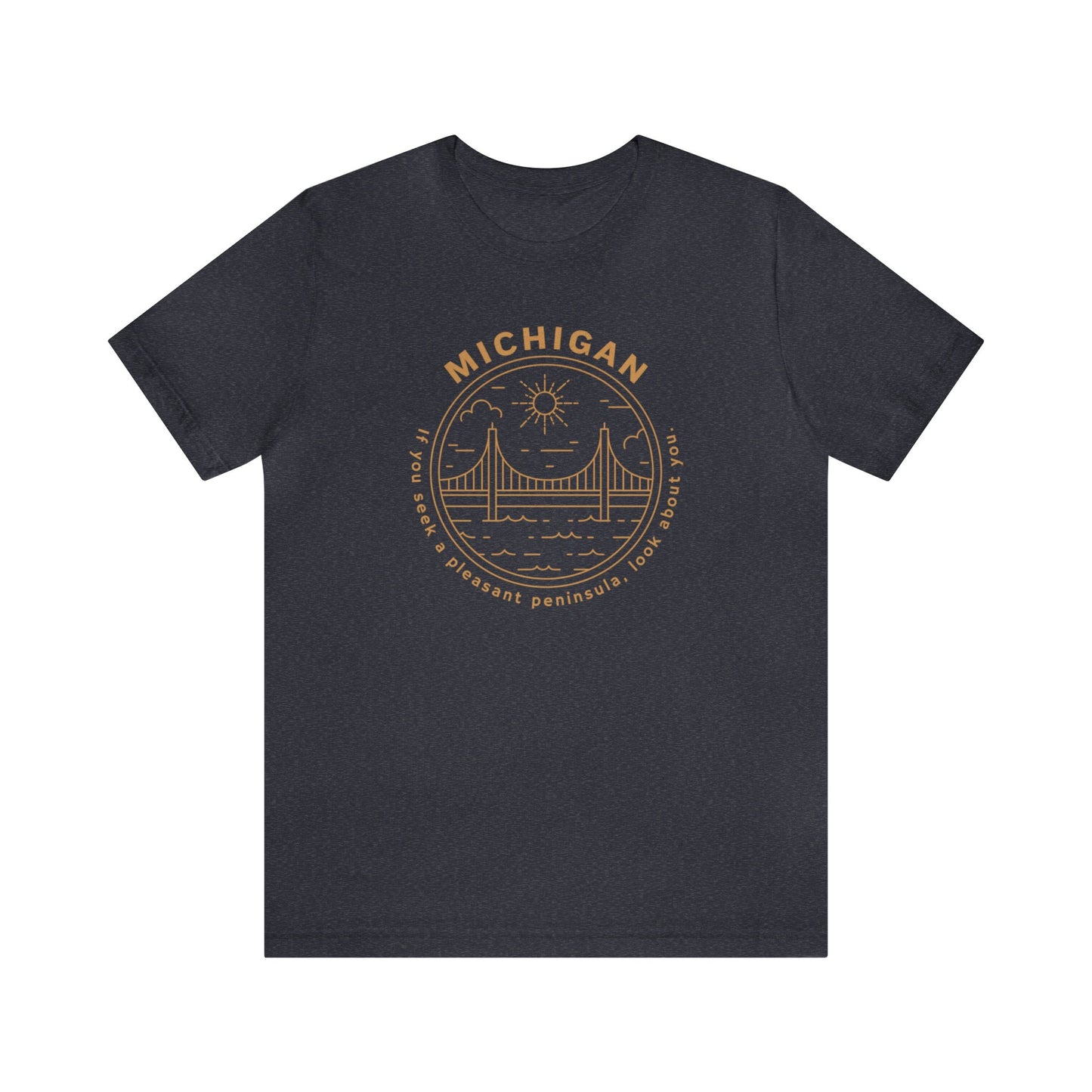 Michigan Tan on Heather Navy Blue Unisex Jersey Short Sleeve Tee