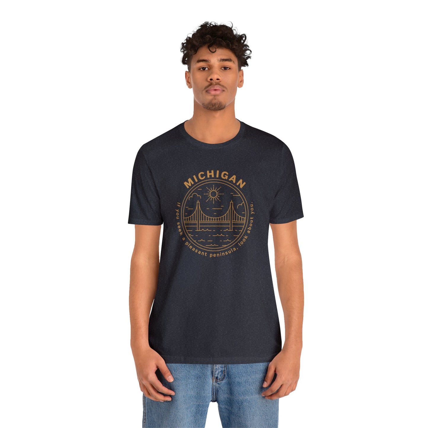 Michigan Tan on Heather Navy Blue Unisex Jersey Short Sleeve Tee