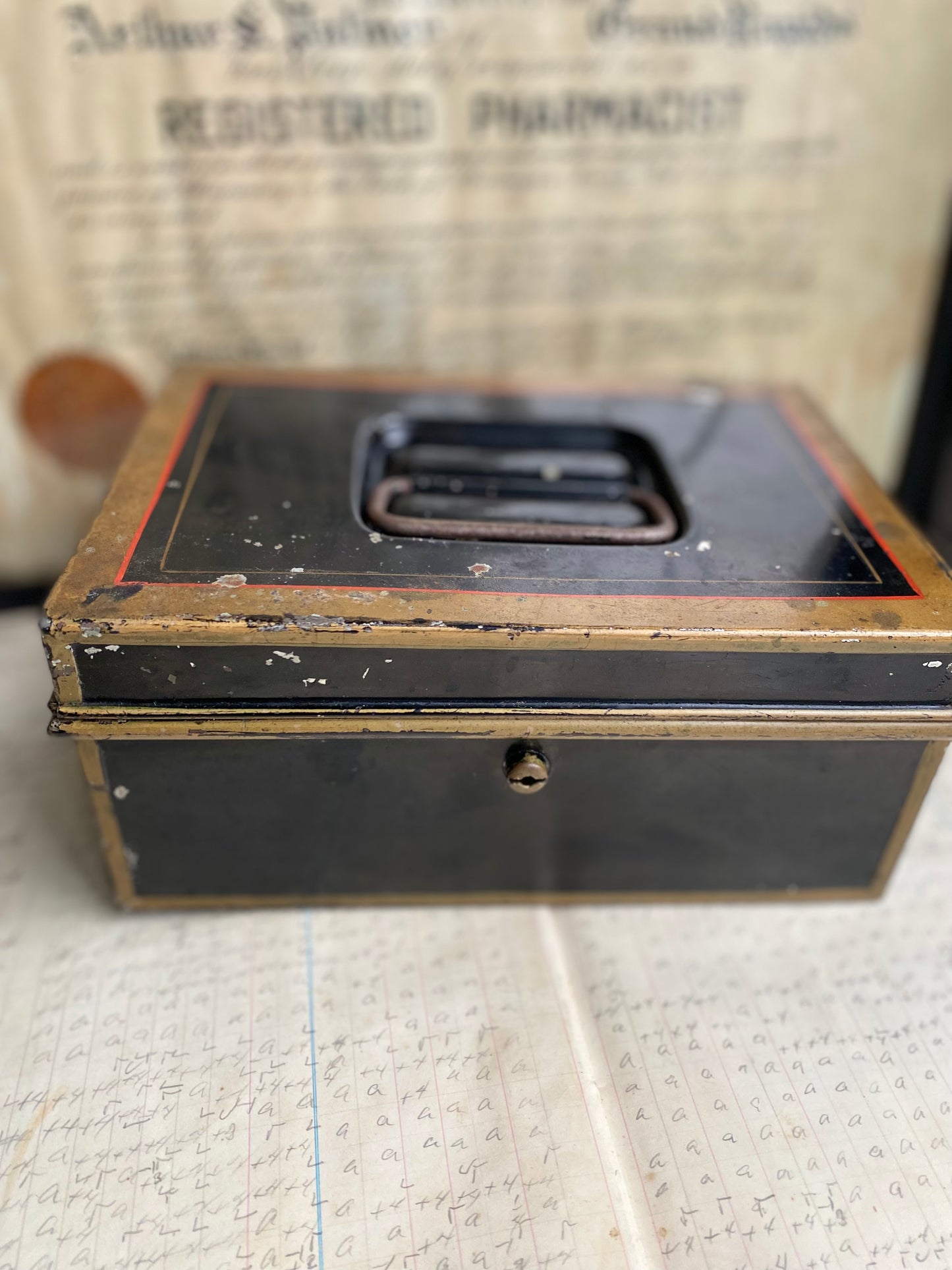 Vintage Black Metal Box With Gold Trim