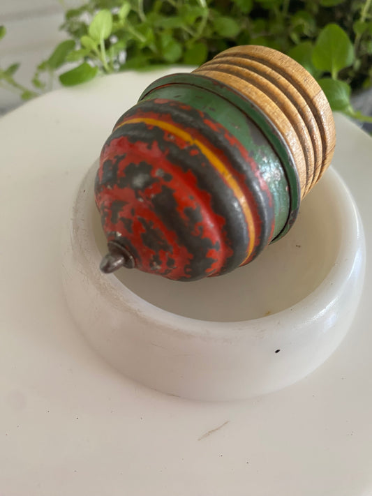 Vintage Wooden Spinning Top and Milk Glass Furniture Coaster