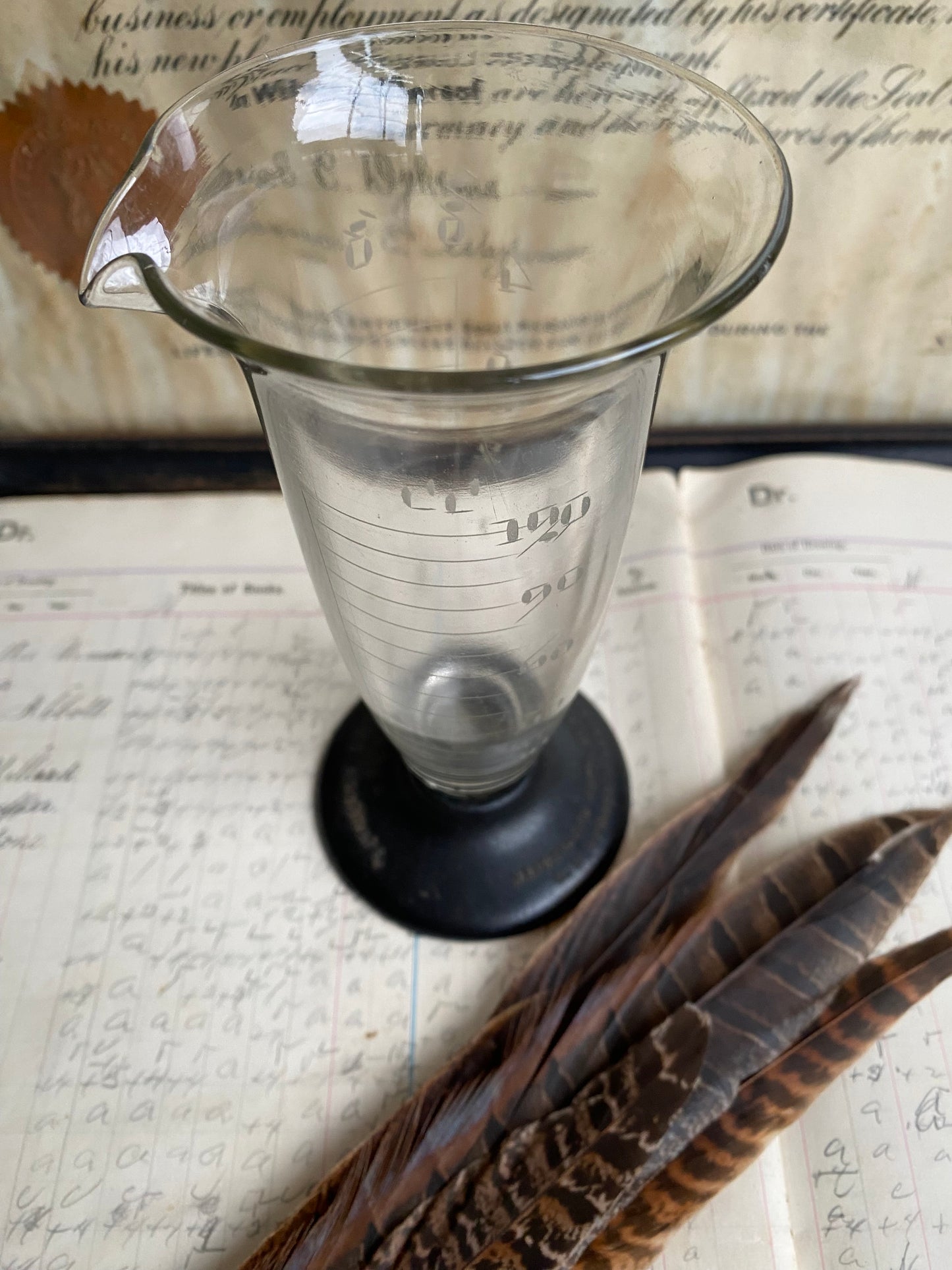 Vintage Etched Glass Graduated Glass Cylinder with Unique Base