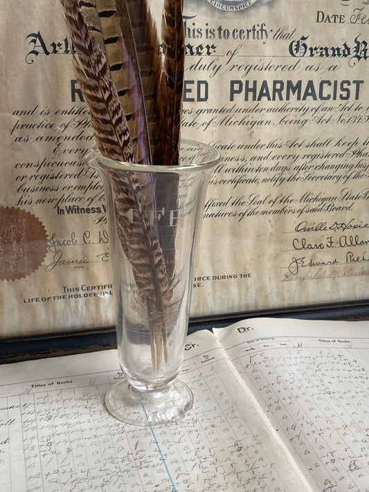 Vintage Etched Glass Graduated Cylinder With Feathers