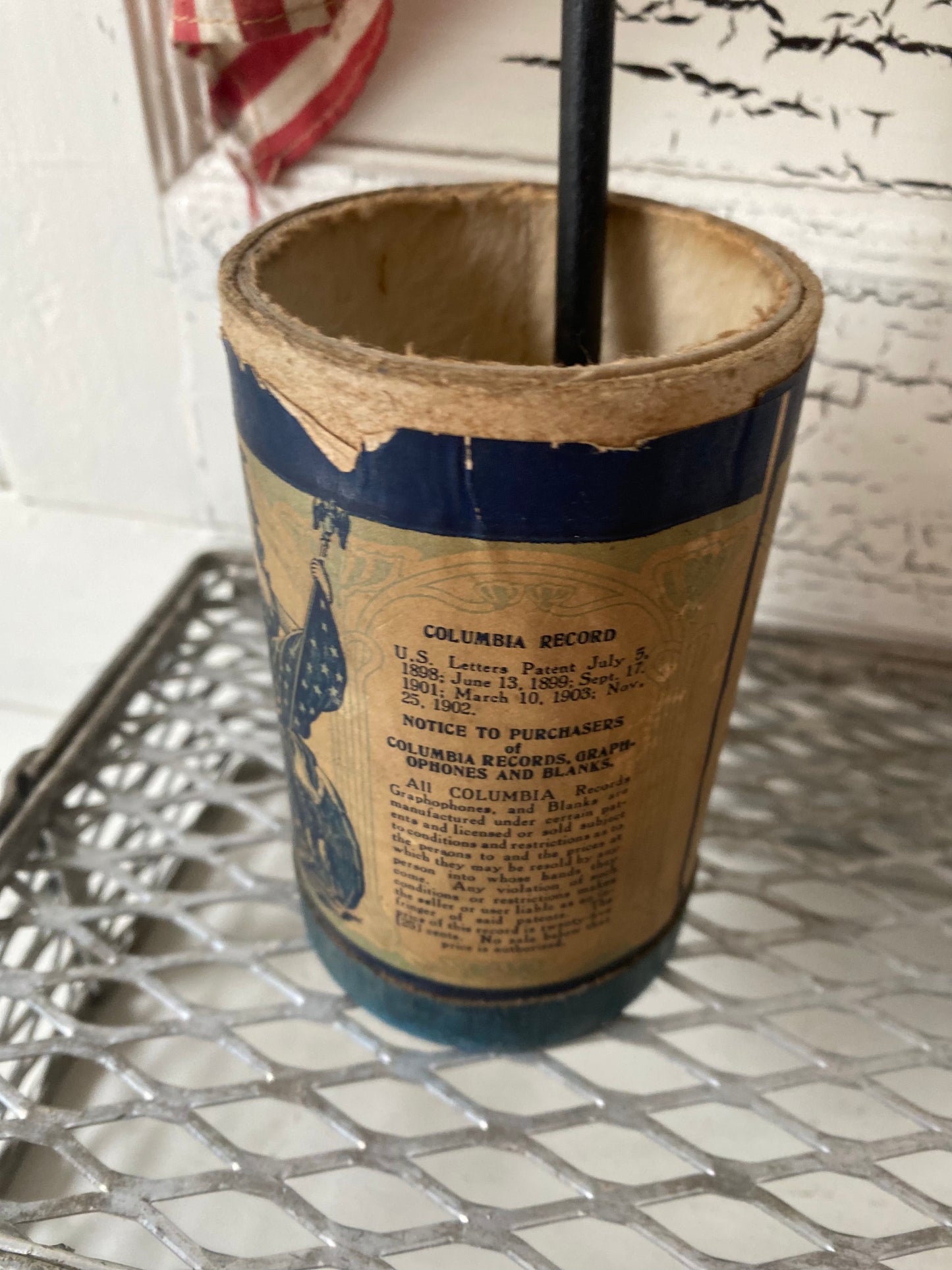 Vintage 48 Star Flag in Cool Old Phonograph Tube - 11” stick