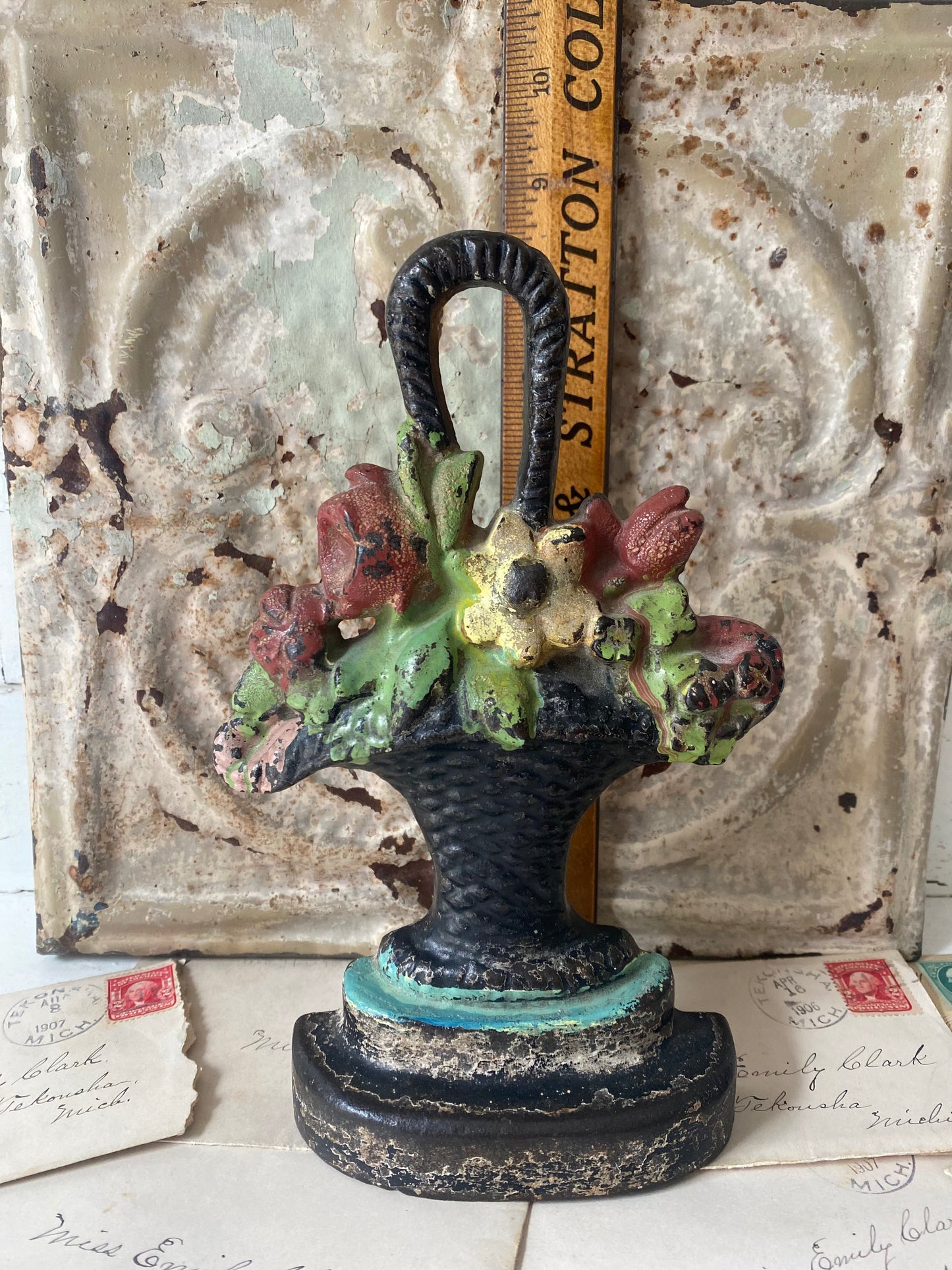 Vintage Cast Iron Flower Basket Door Stop