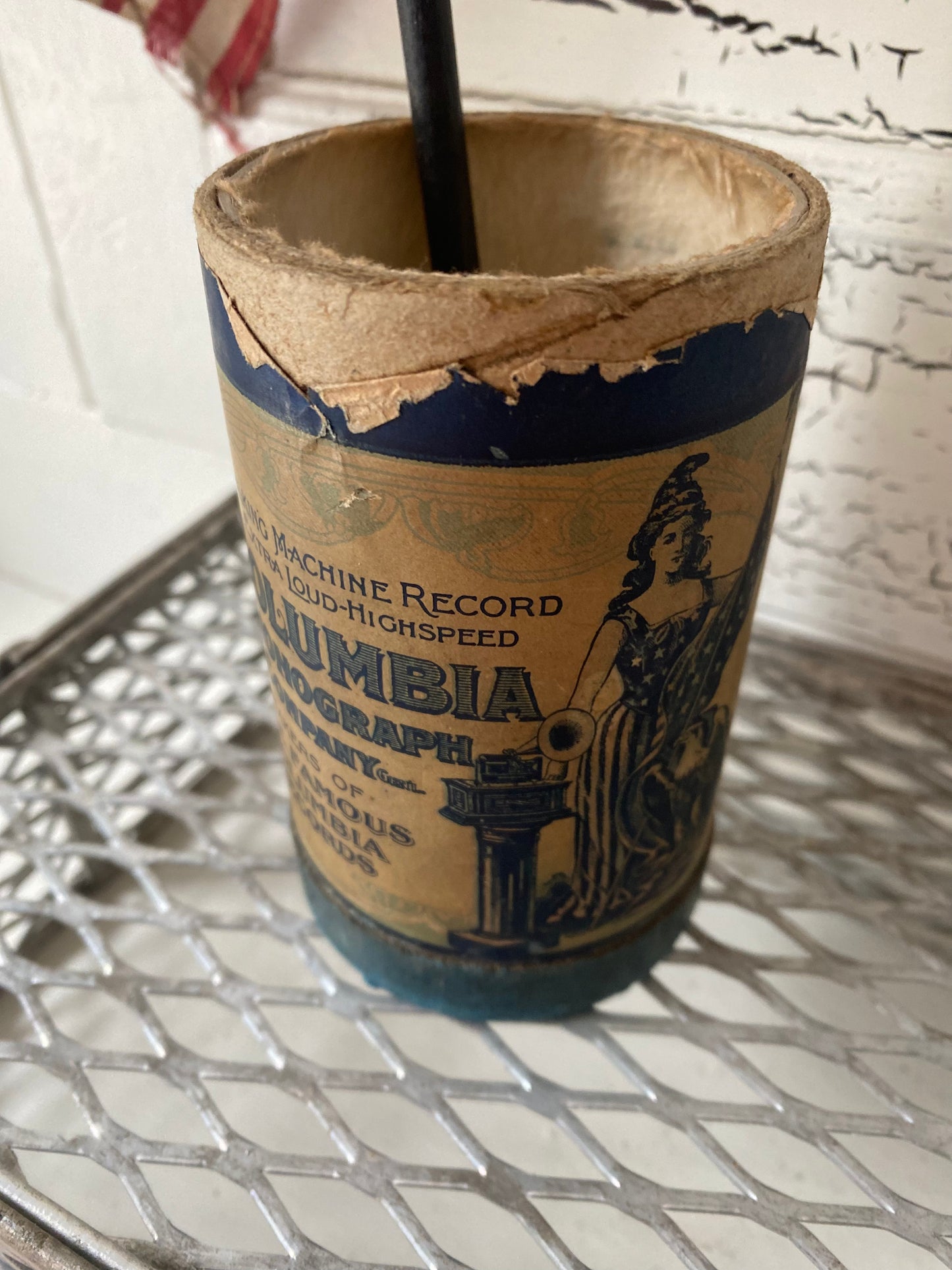 Vintage 48 Star Flag in Cool Old Phonograph Tube - 11” stick
