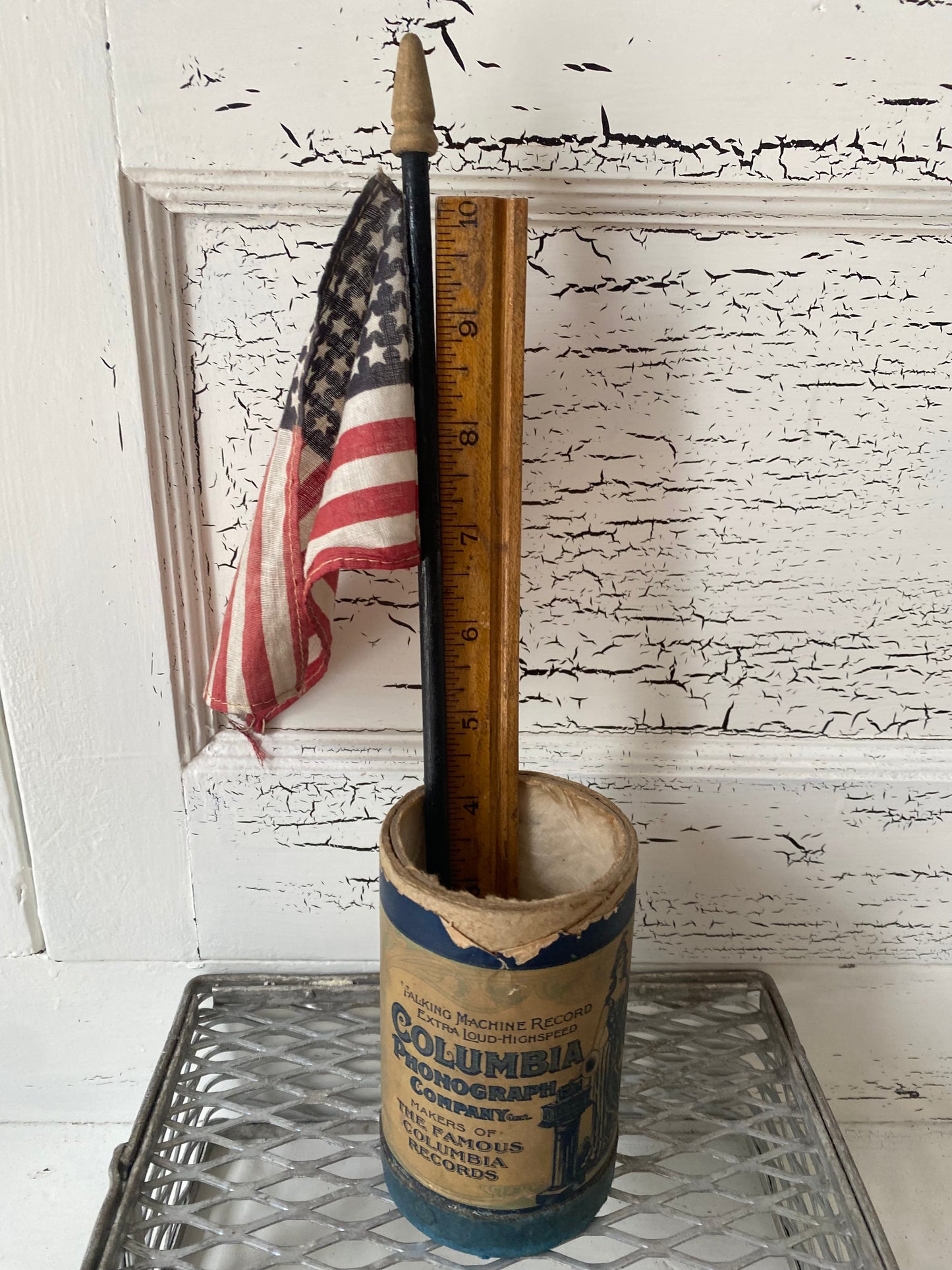 Vintage 48 Star Flag in Cool Old Phonograph Tube - 11” stick