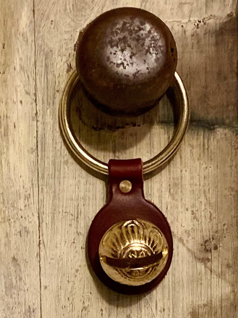 Brass Sleigh Bell Door Hanger - burgundy leather