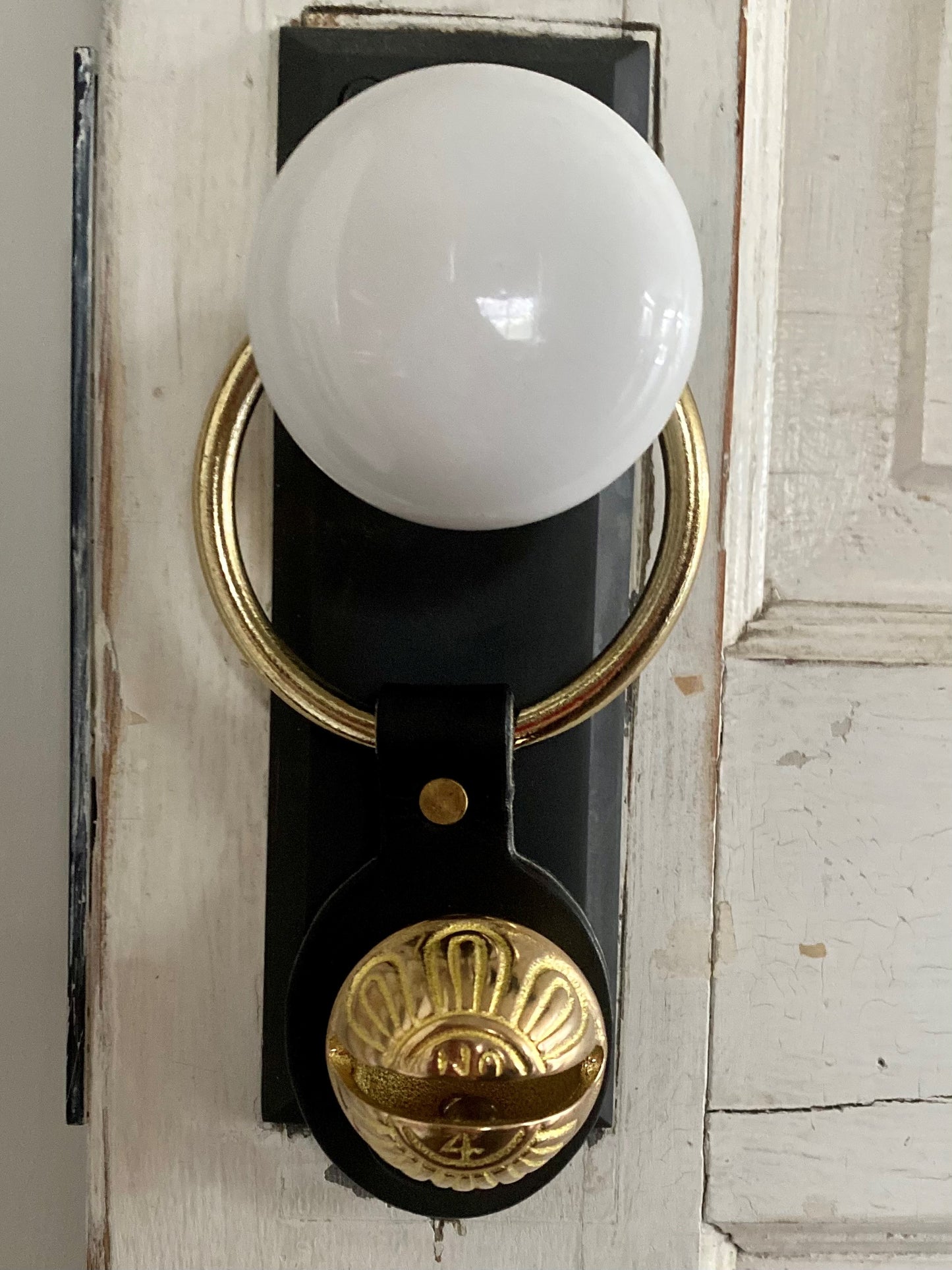 Brass Sleigh Bell Door Hanger - black leather