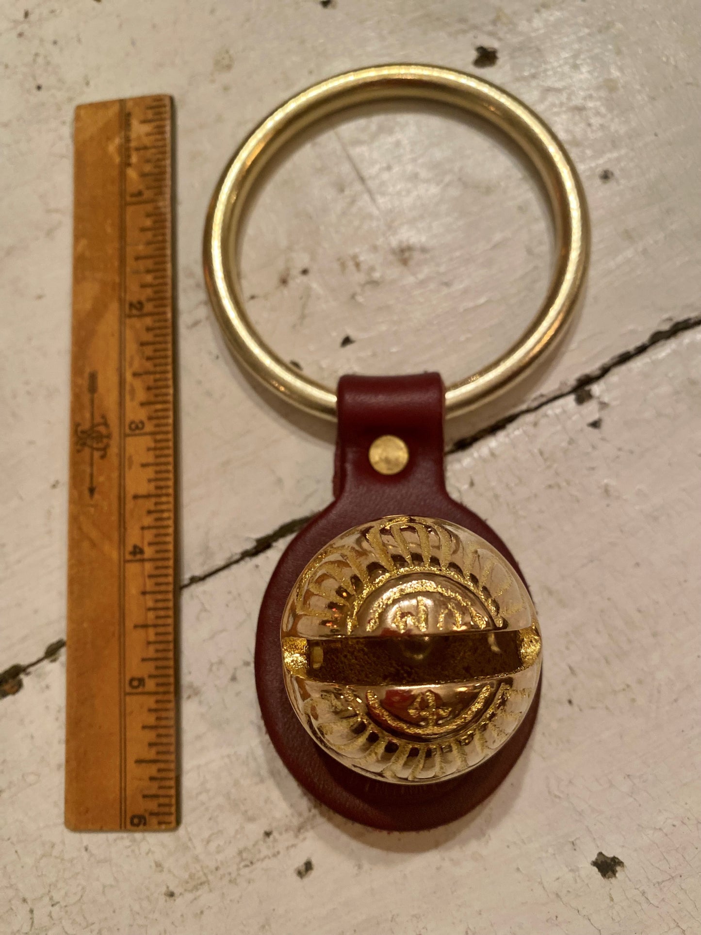 Brass Sleigh Bell Door Hanger - burgundy leather