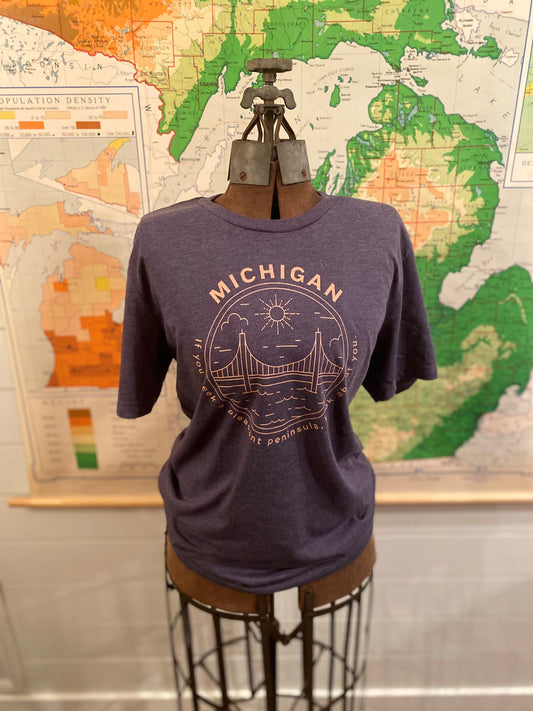 Michigan Tan on Heather Navy Blue Unisex Jersey Short Sleeve Tee