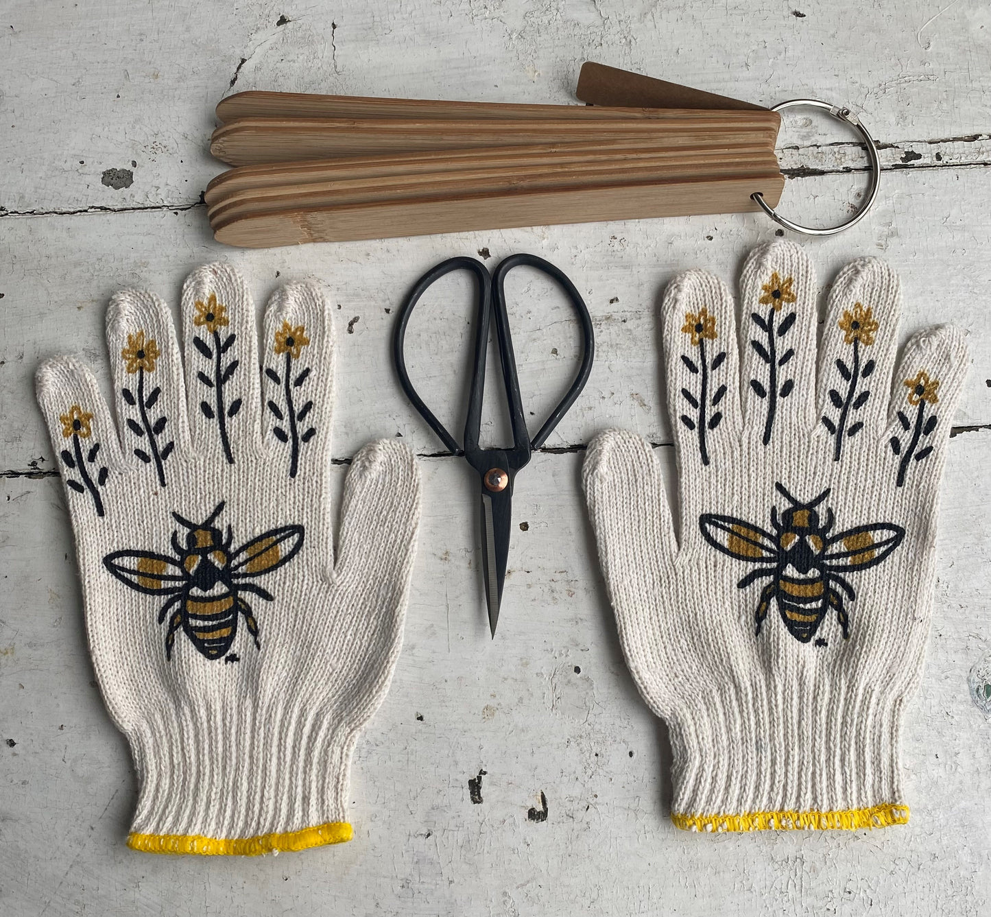 hand painted bee on gardening gloves with 8 wooden plant markers and steel pair of shears