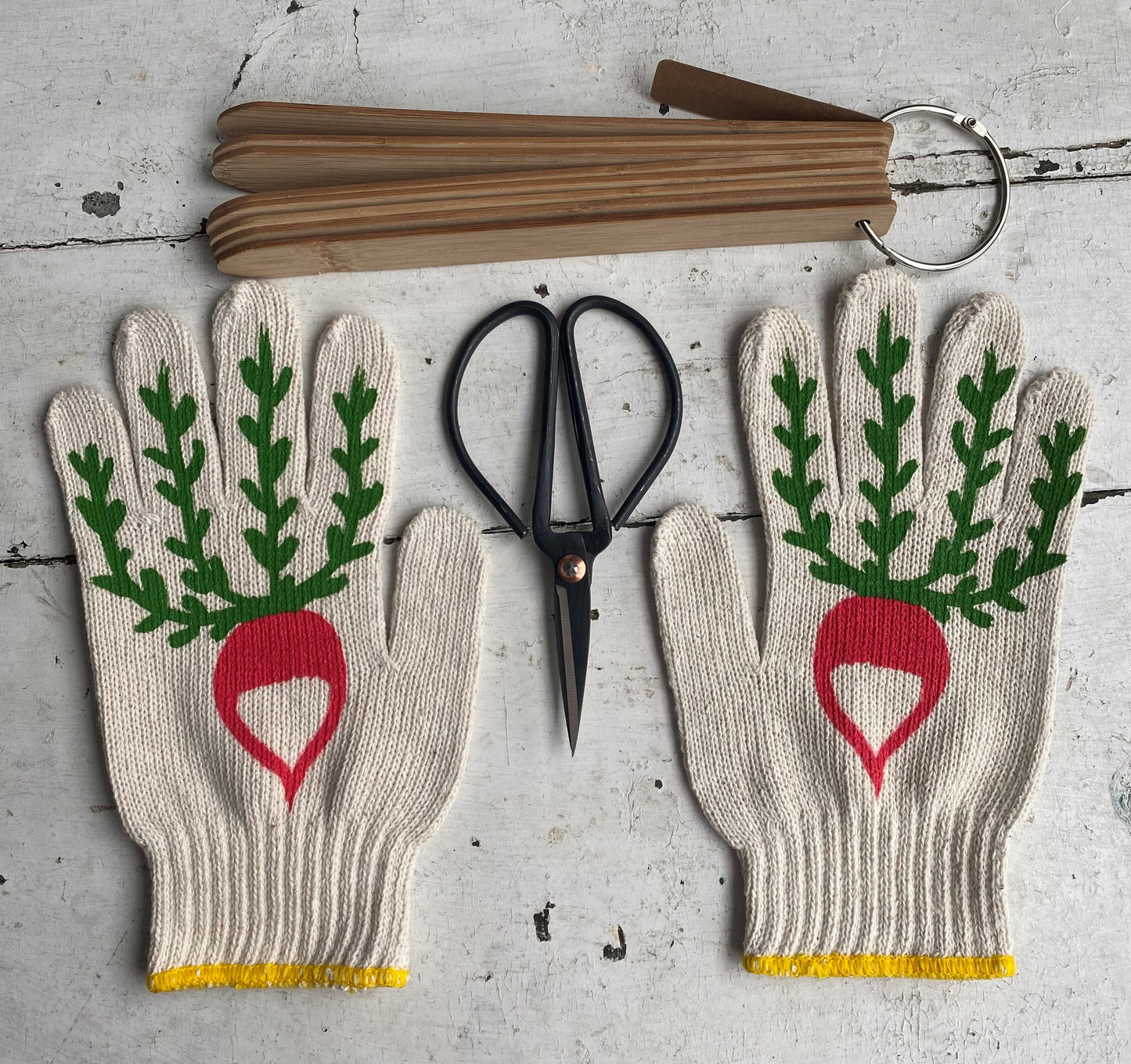 hand painted radish on gardening gloves with 8 wooden plant markers and steel pair of shears